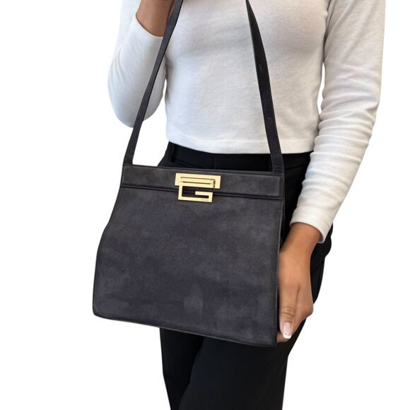 GUCCI Vintage G Square Logo Shoulder Bag Handbag Black Gold Suede [105633] - Picture 2 of 13